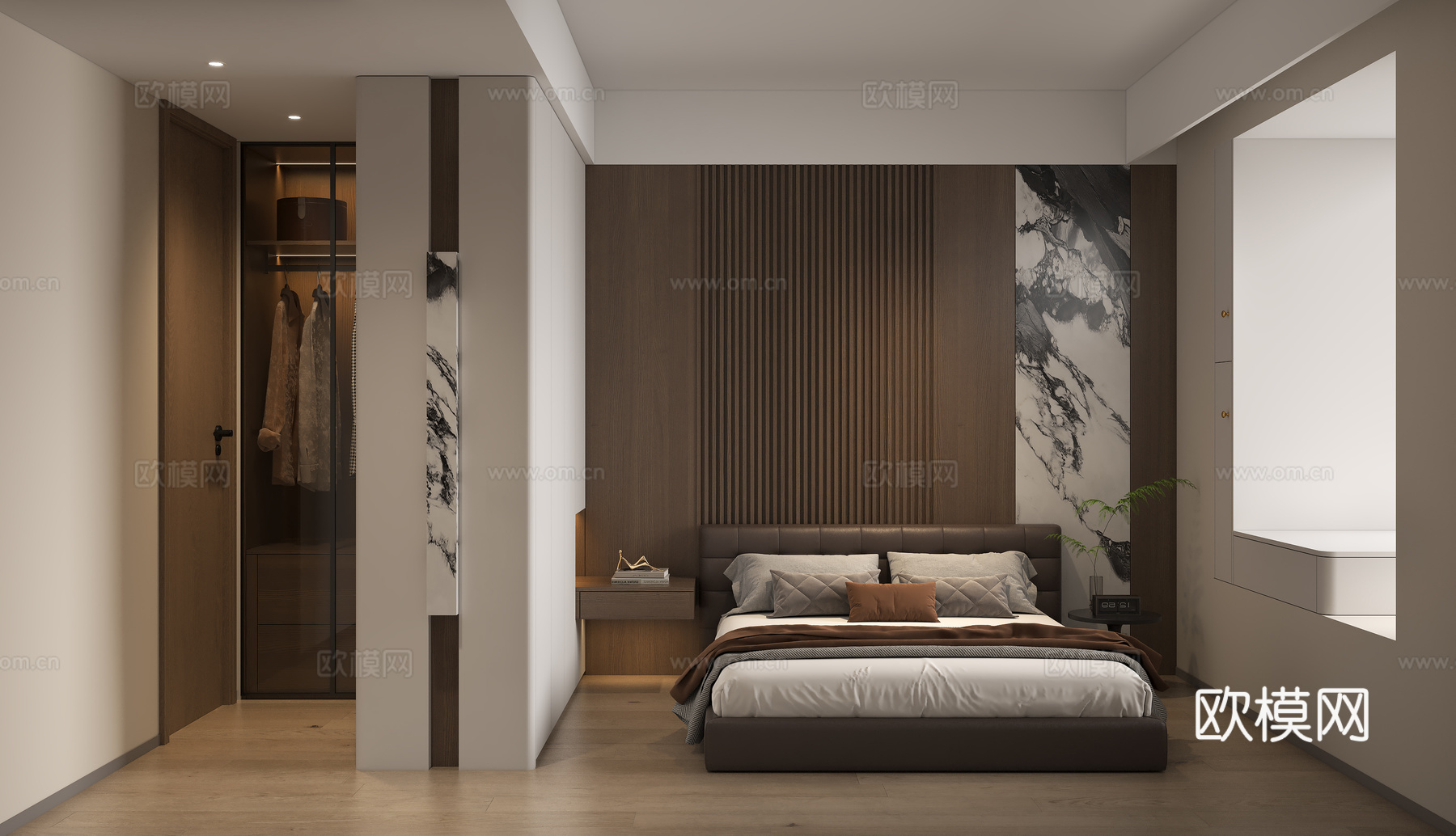 现代意式主卧卧室 意式卧室背景墙 意式卧室隔断衣柜 意式飘窗su模型