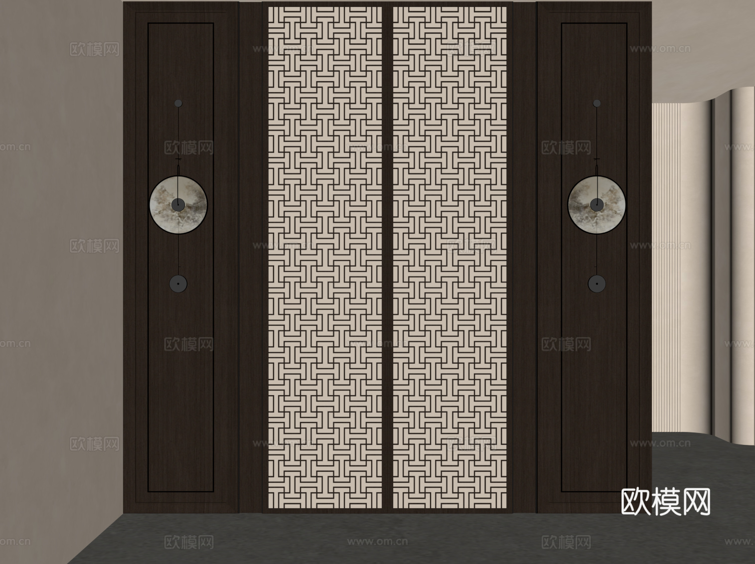 新中式玄关 入户装饰性隔断su模型