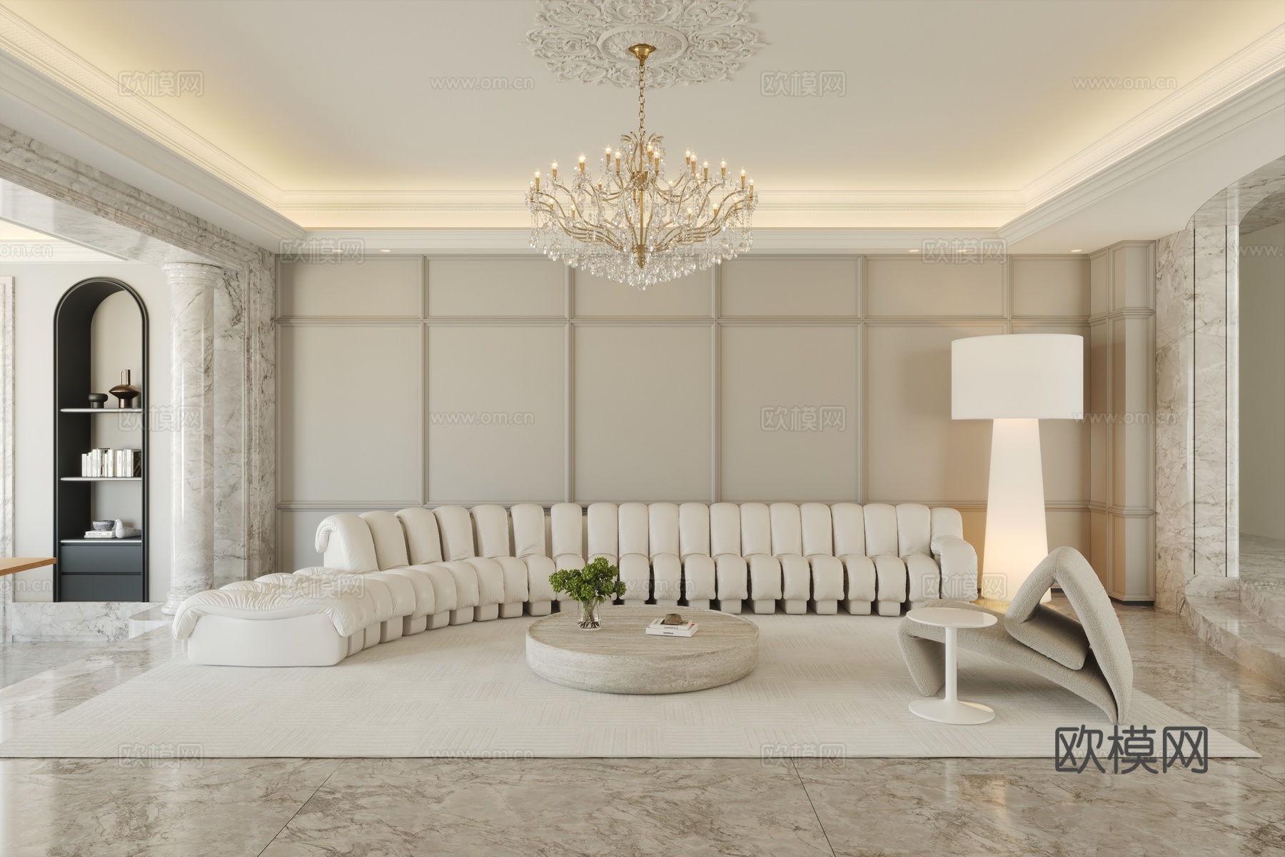 法式客厅 欧式客厅 简欧客厅 毛毛虫沙发 洞石茶几 大影灯3d模型下载（渲染图4）