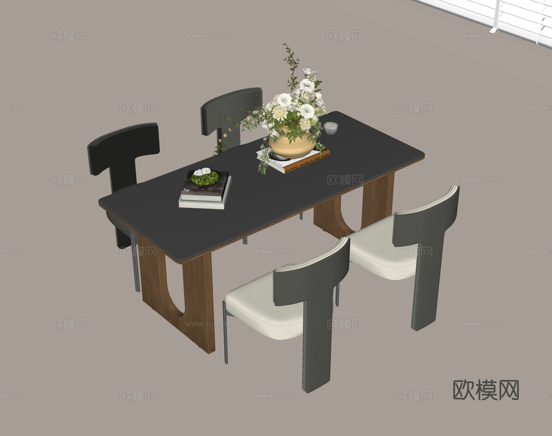 现代餐桌椅组合 实木餐桌 实木餐椅 花盆花束su模型