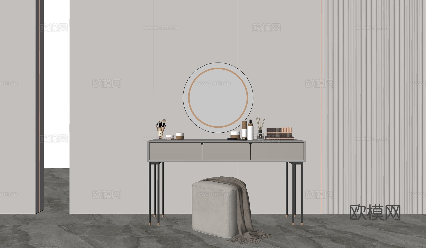 现代梳妆台 摆件 镜子 沙发凳su模型