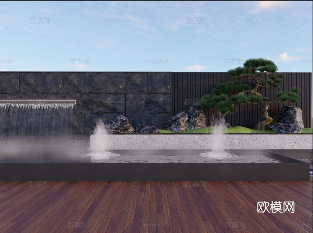 新中式流水景墙别墅后院装饰su模型