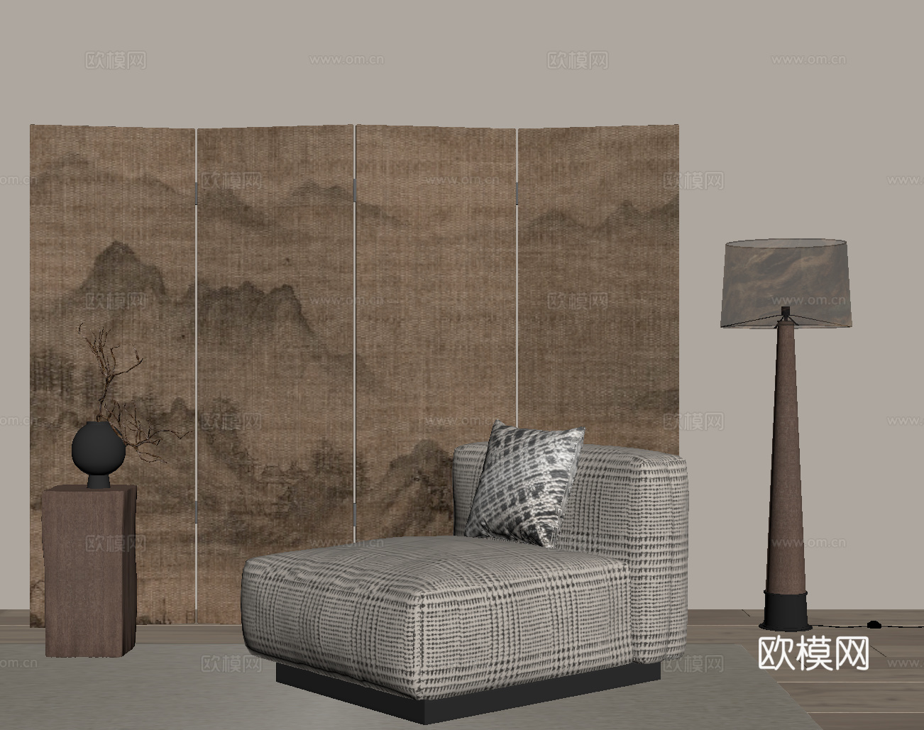 现代中古风沙发 休闲椅 屏风su模型