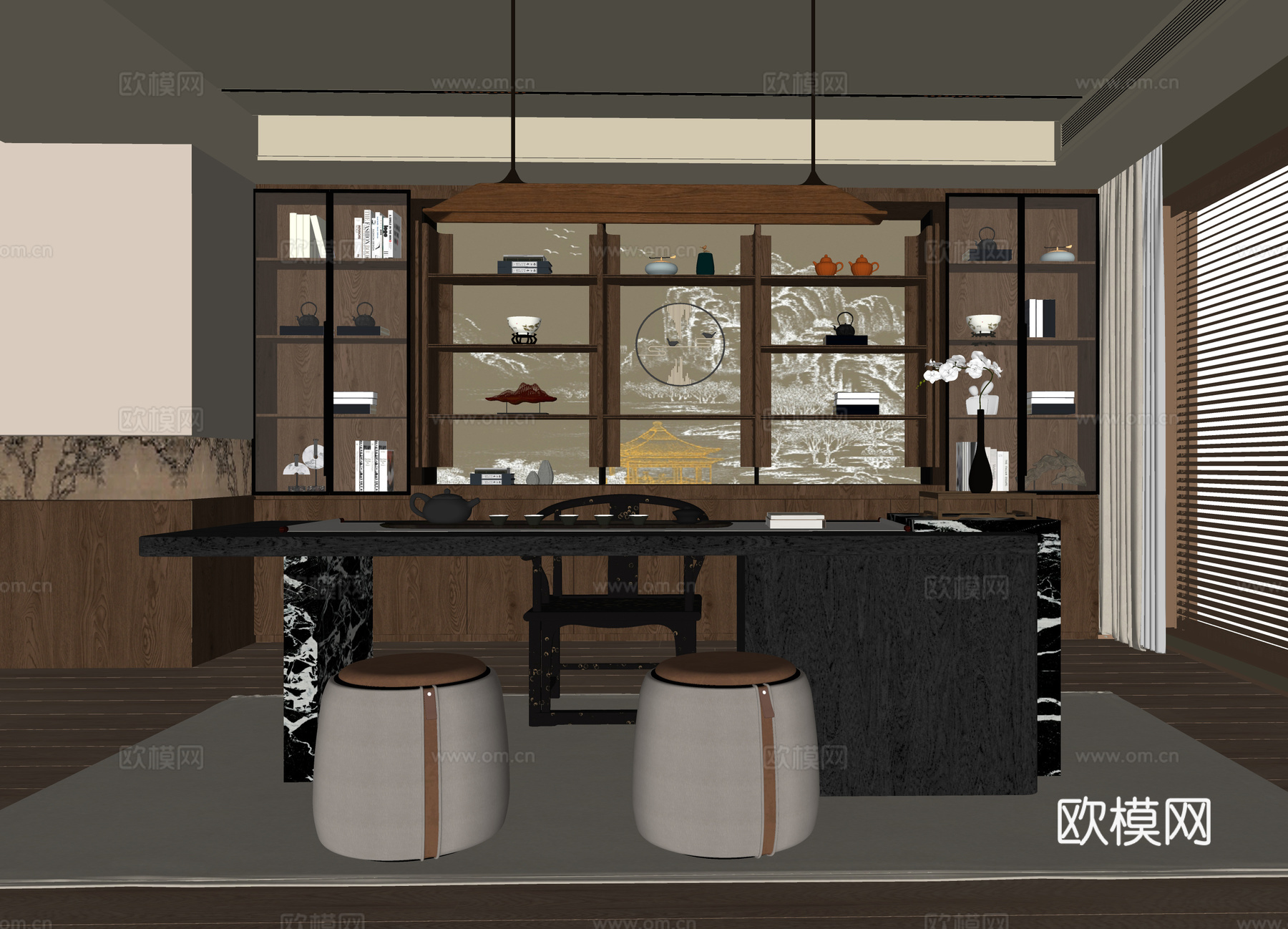 新中式茶室 书房su模型