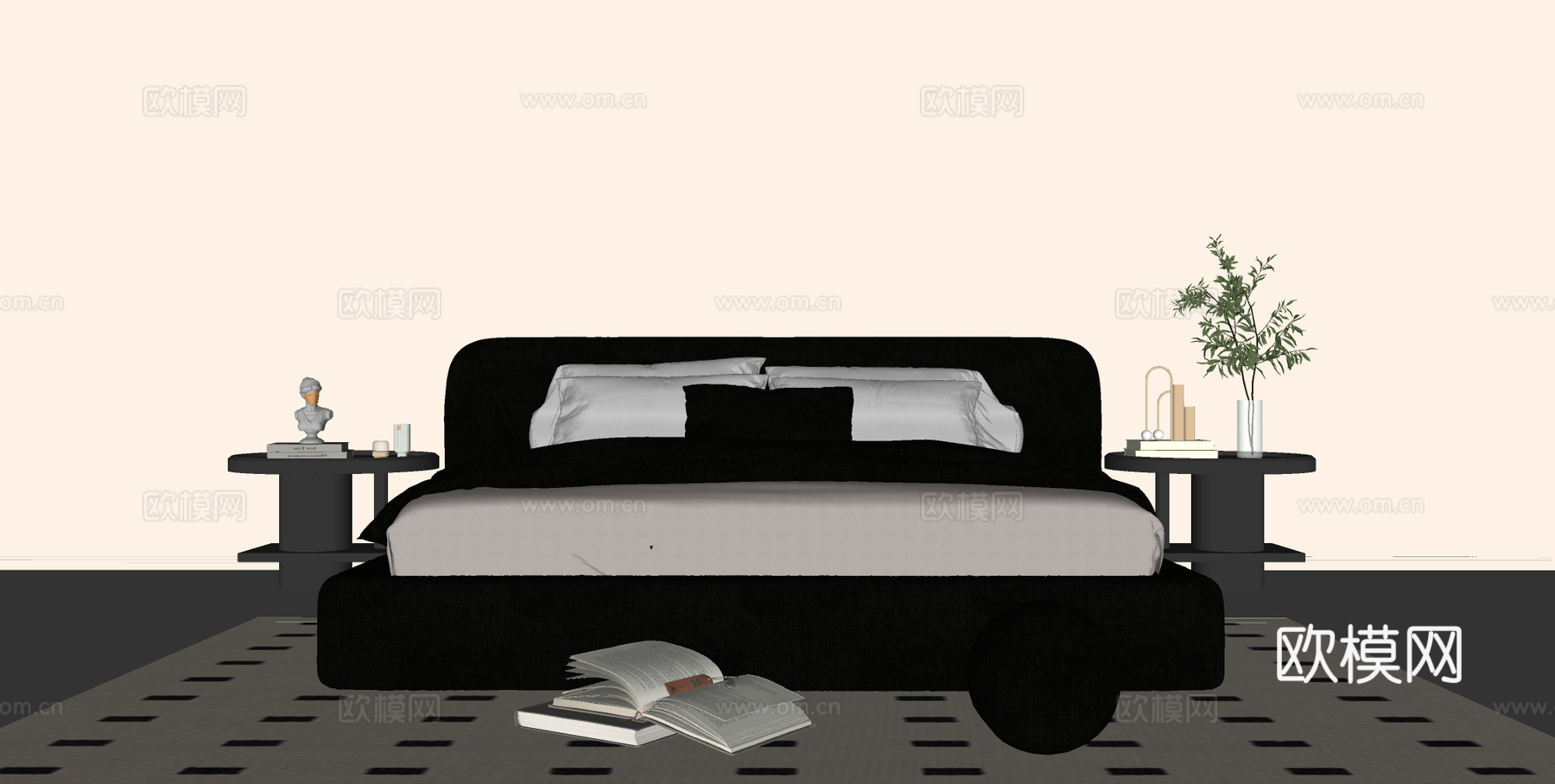 法式复古大床 双人床 床头柜 布艺床su模型