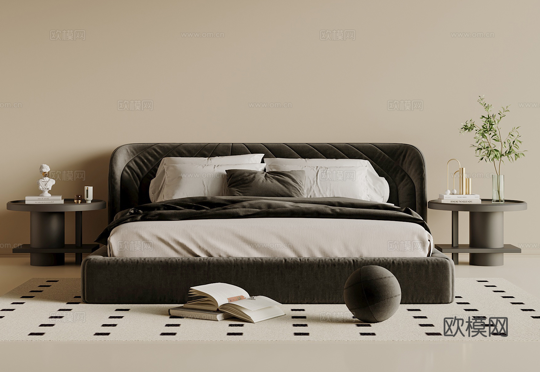 法式复古大床 双人床 床头柜 布艺床su模型