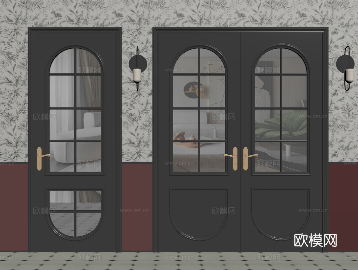 法式复古双开门 单开门 长虹玻璃门 防盗门 平开门su模型