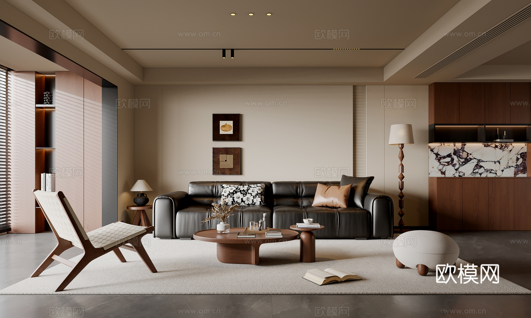 现代中古风客厅 沙发茶几 多人沙发 休闲椅 挂画 落地灯 地su模型