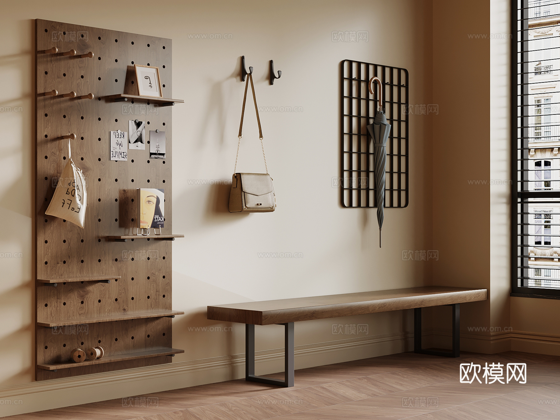 现代中古风换鞋凳 挂钩 洞洞板su模型