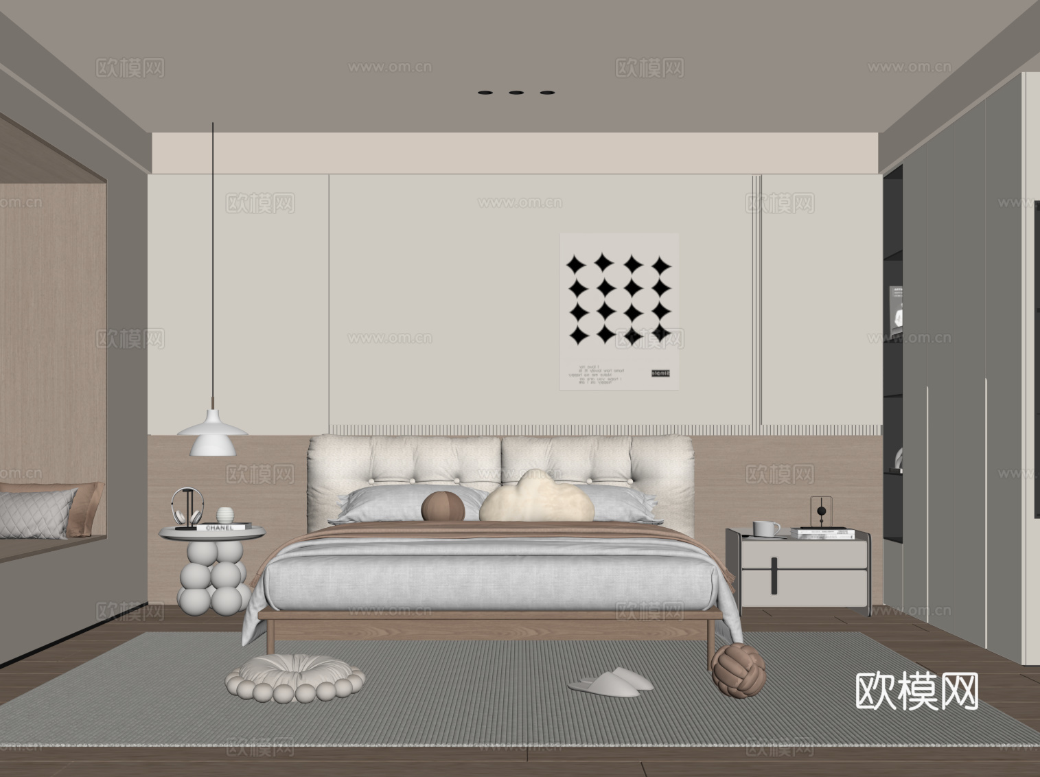 现代奶油风卧室 主卧 双人床 床头柜 衣柜su模型