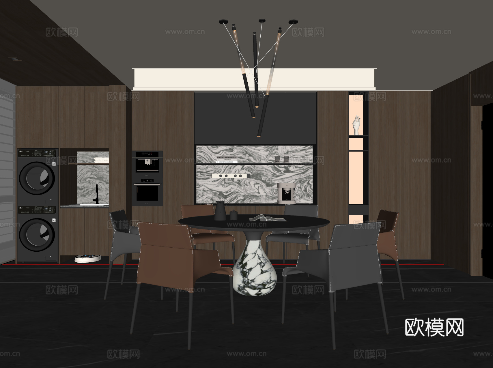 现代意式餐厅 餐桌椅 吊灯 餐边柜 酒柜su模型