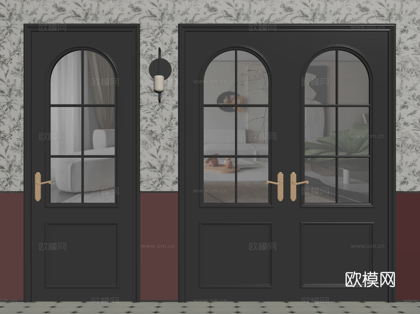 法式复古双开门 单开门 长虹玻璃门 防盗门 平开门su模型