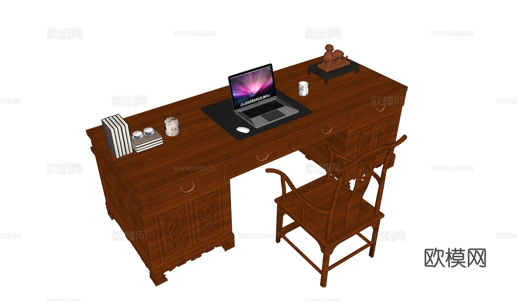 中式古典红木雕花书桌椅官帽椅su模型