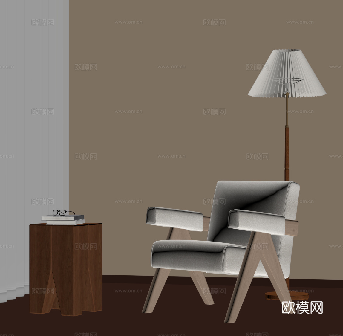 现代中古休闲椅 边几 落地灯su模型