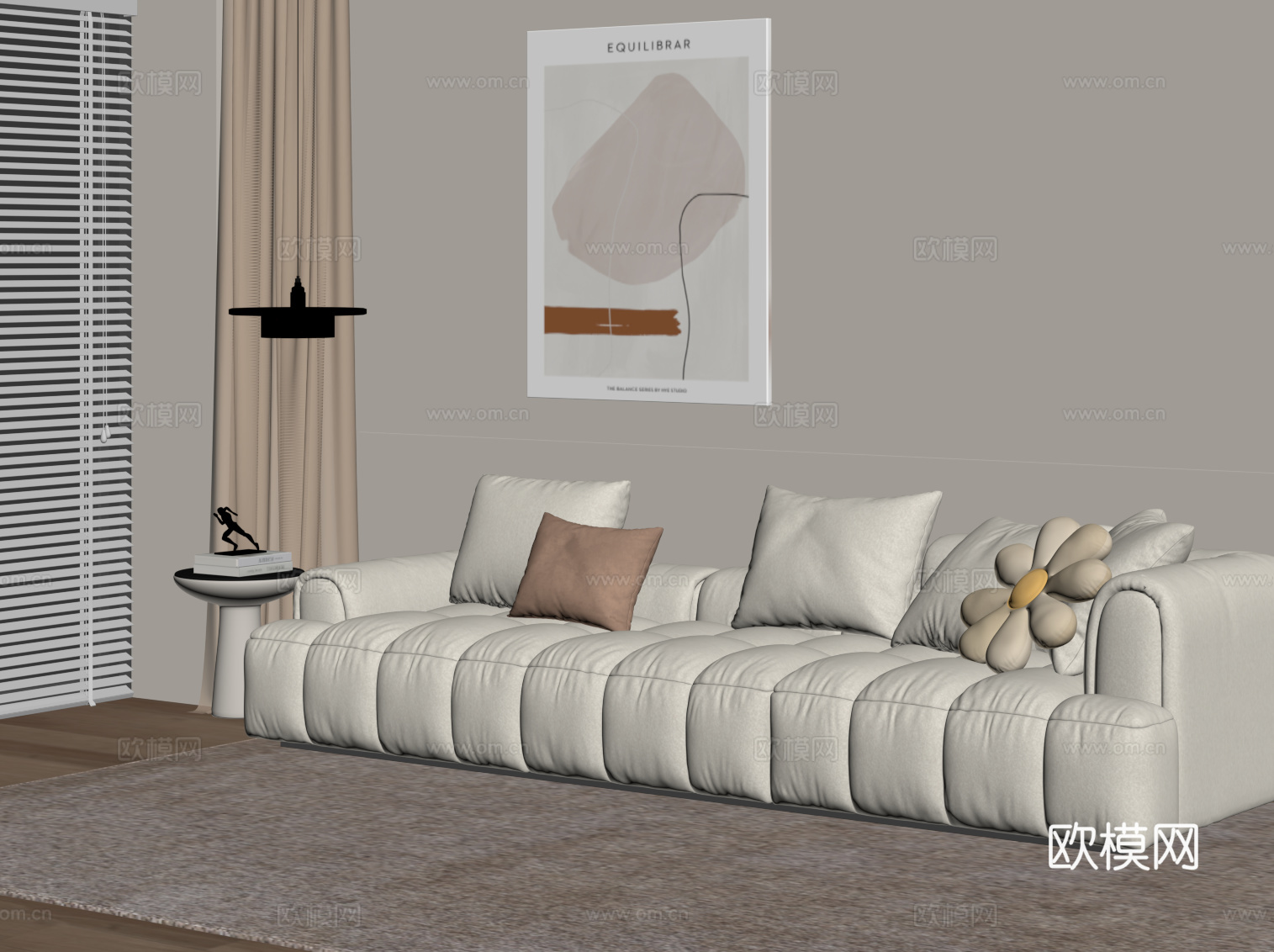 现代奶油风多人沙发 直排沙发 布艺沙发su模型