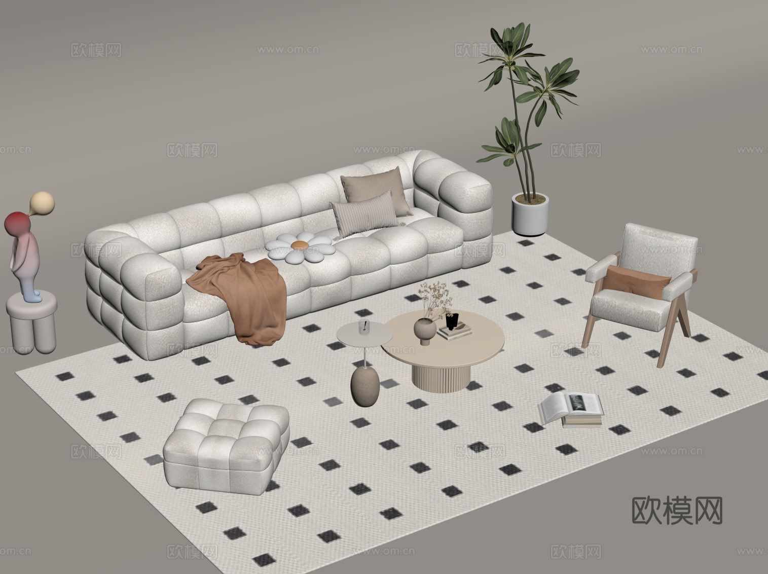 现代奶油风沙发茶几组合su模型