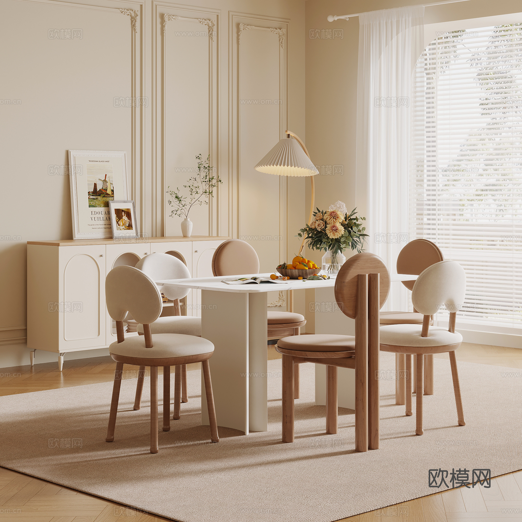 法式奶油风餐厅 餐桌椅 餐边柜 落地灯su模型