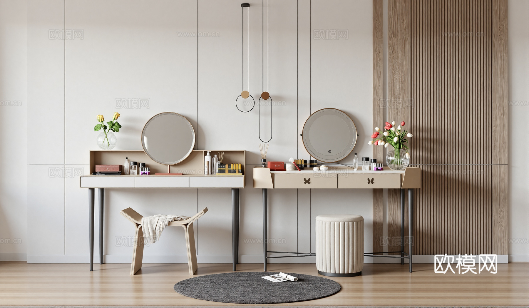 现代梳妆台 摆件 镜子 沙发凳su模型