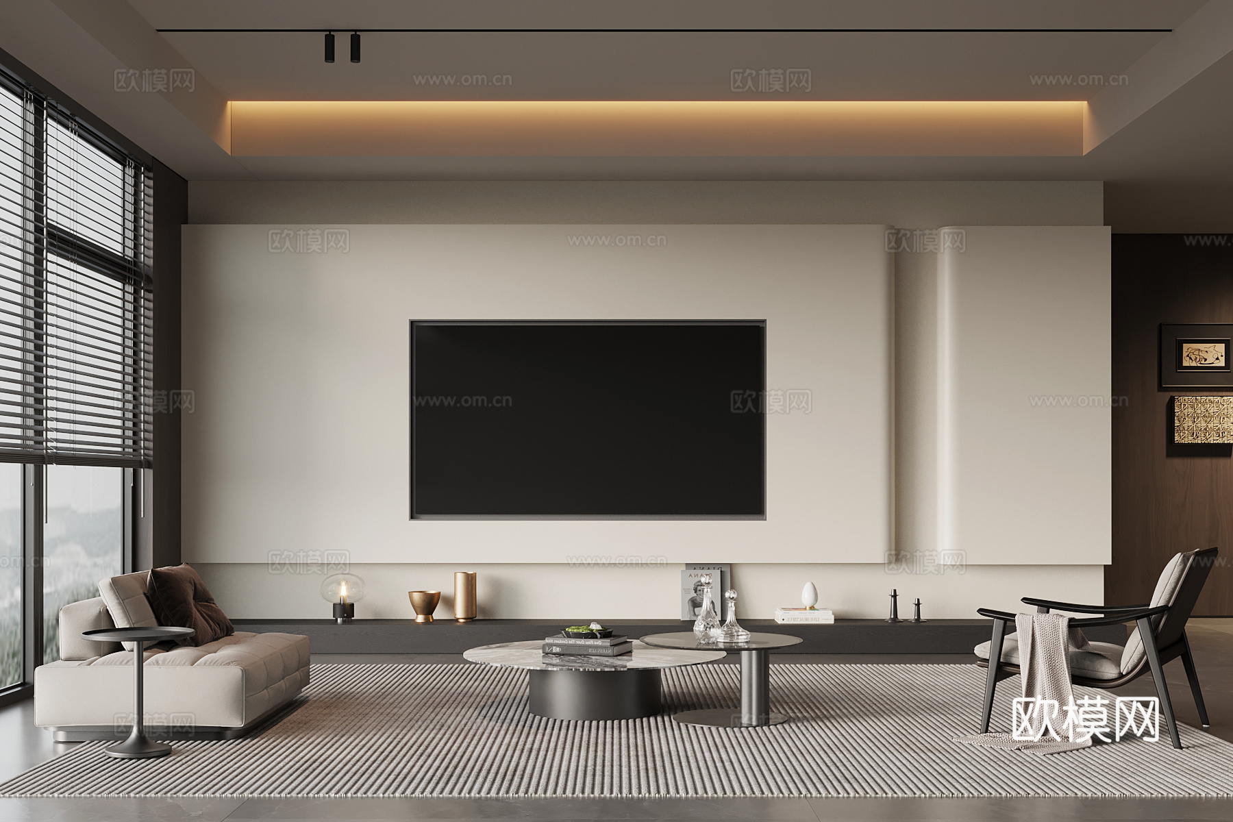 现代意式客厅 电视背景墙 沙发茶几组合su模型