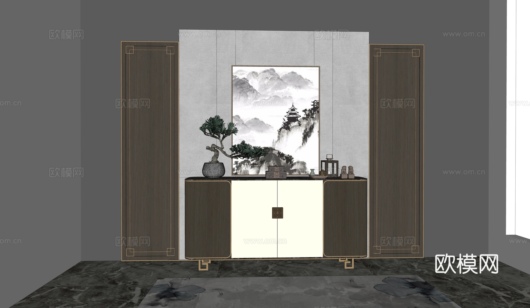 新中式端景柜 条案su模型