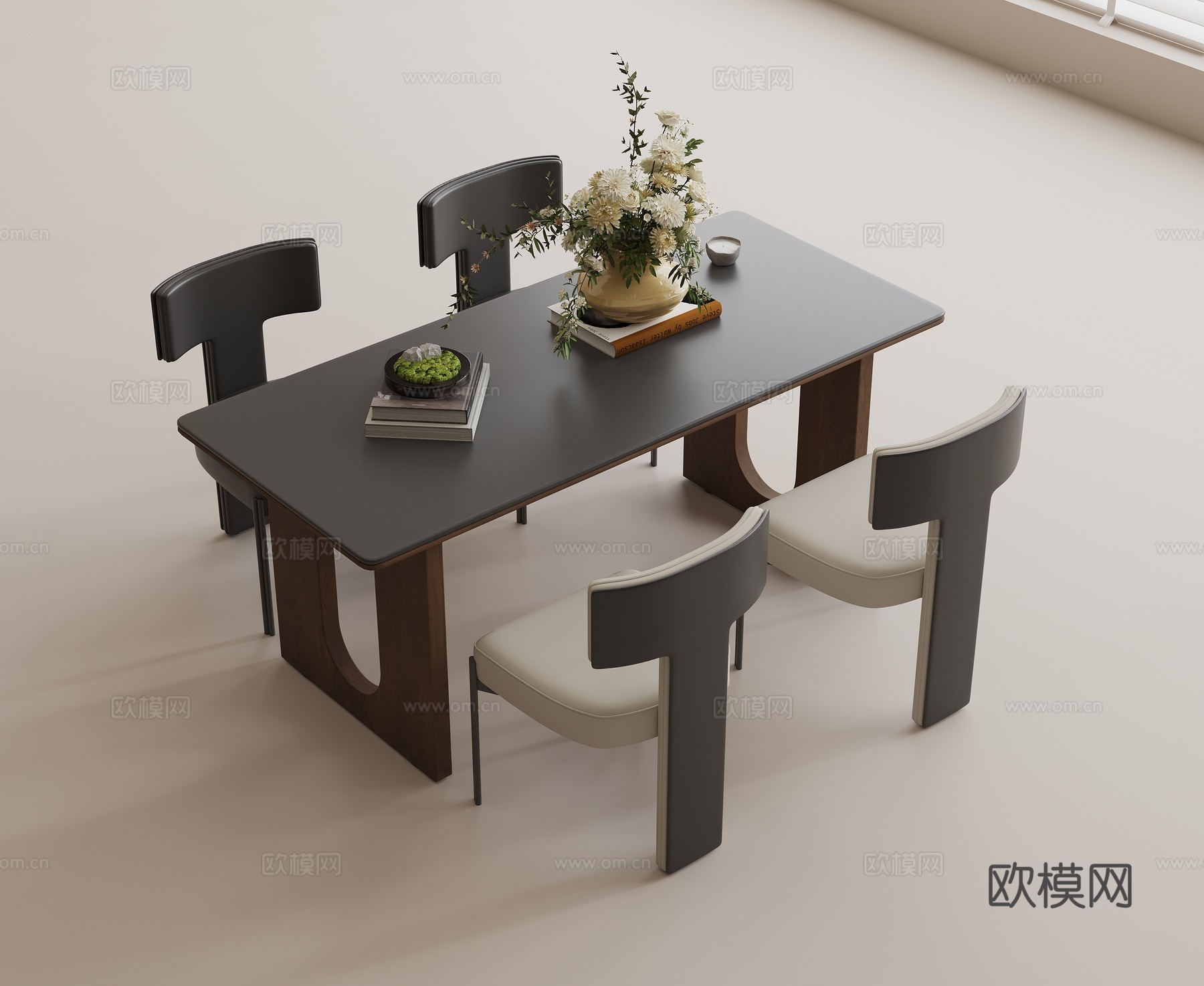 现代餐桌椅组合 实木餐桌 实木餐椅 花盆花束su模型