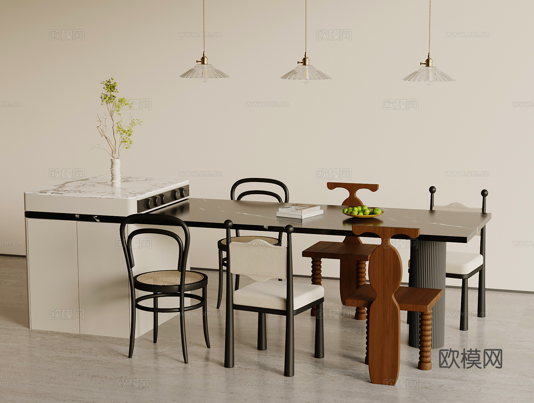 法式中岛餐桌椅 餐桌椅组合su模型