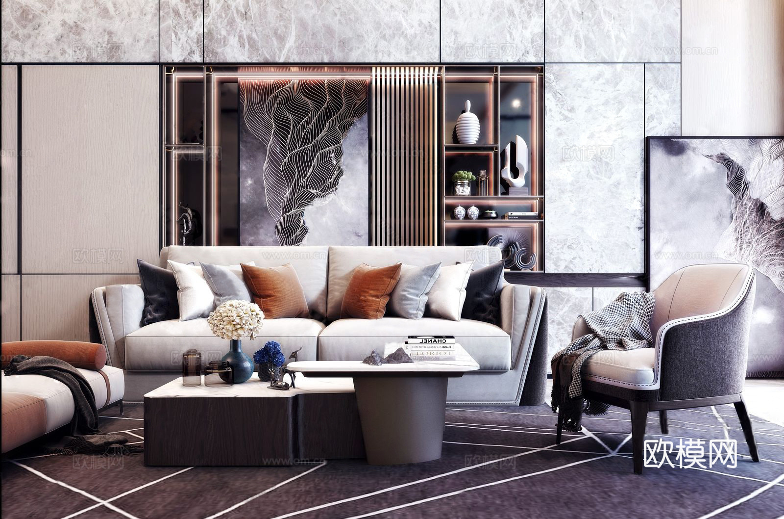 现代高级灰沙发茶几组合3d模型
