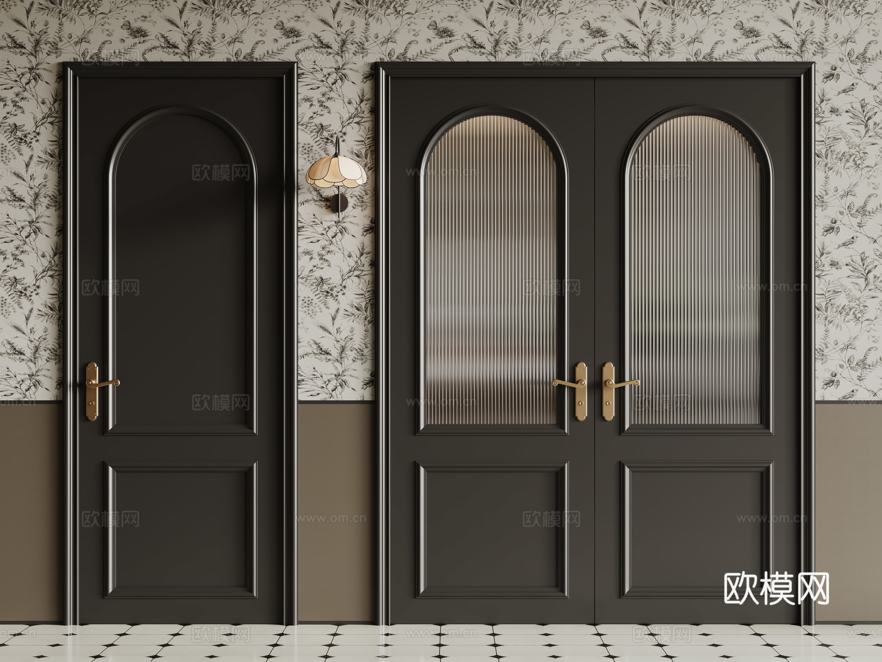 法式复古双开门 单开门 长虹玻璃门 防盗门 平开门su模型