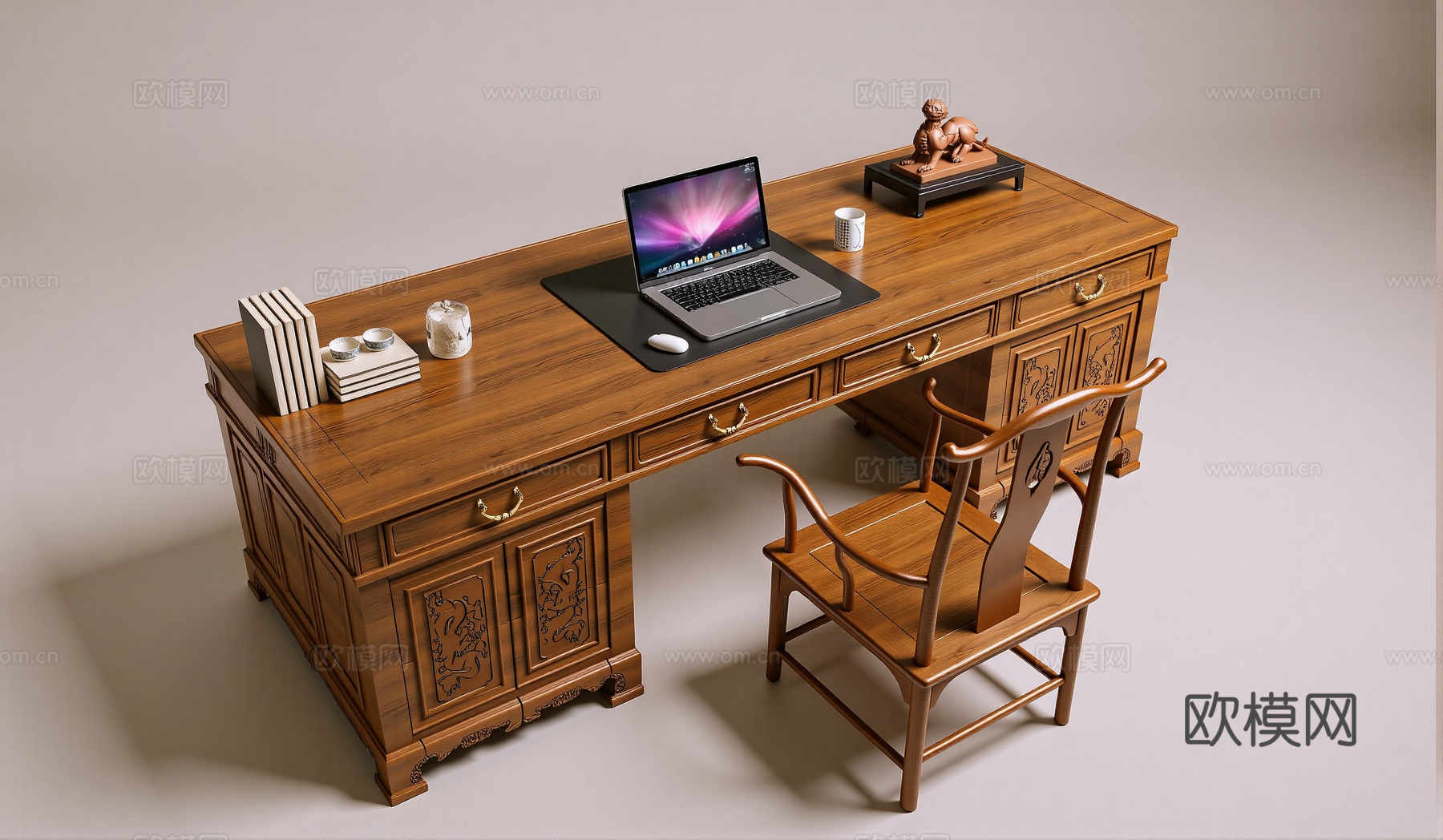 中式古典红木雕花书桌椅官帽椅su模型