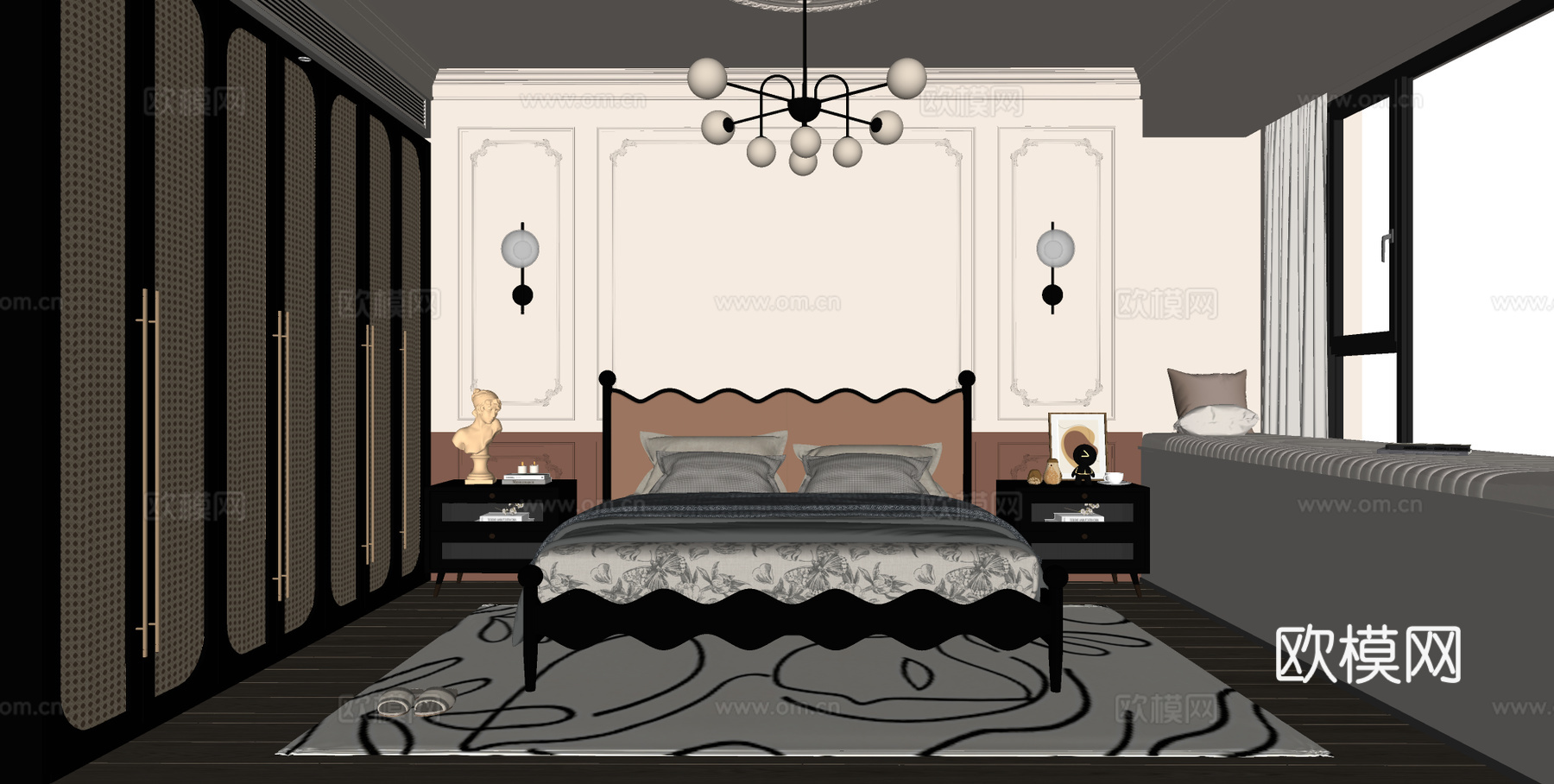 法式复古主卧卧室 复古床头背景 双人床 梳妆台 床头柜su模型