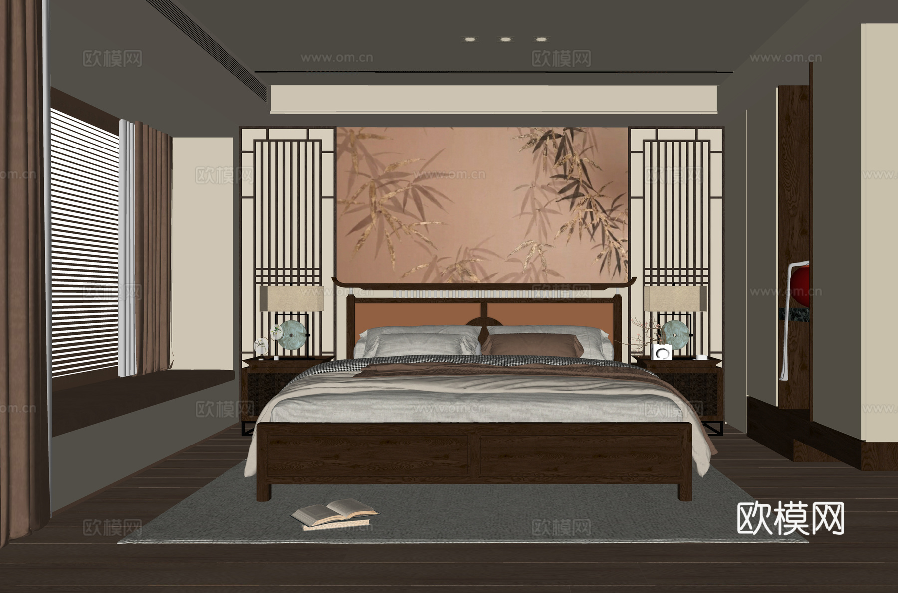 现代卧室 双人床su模型
