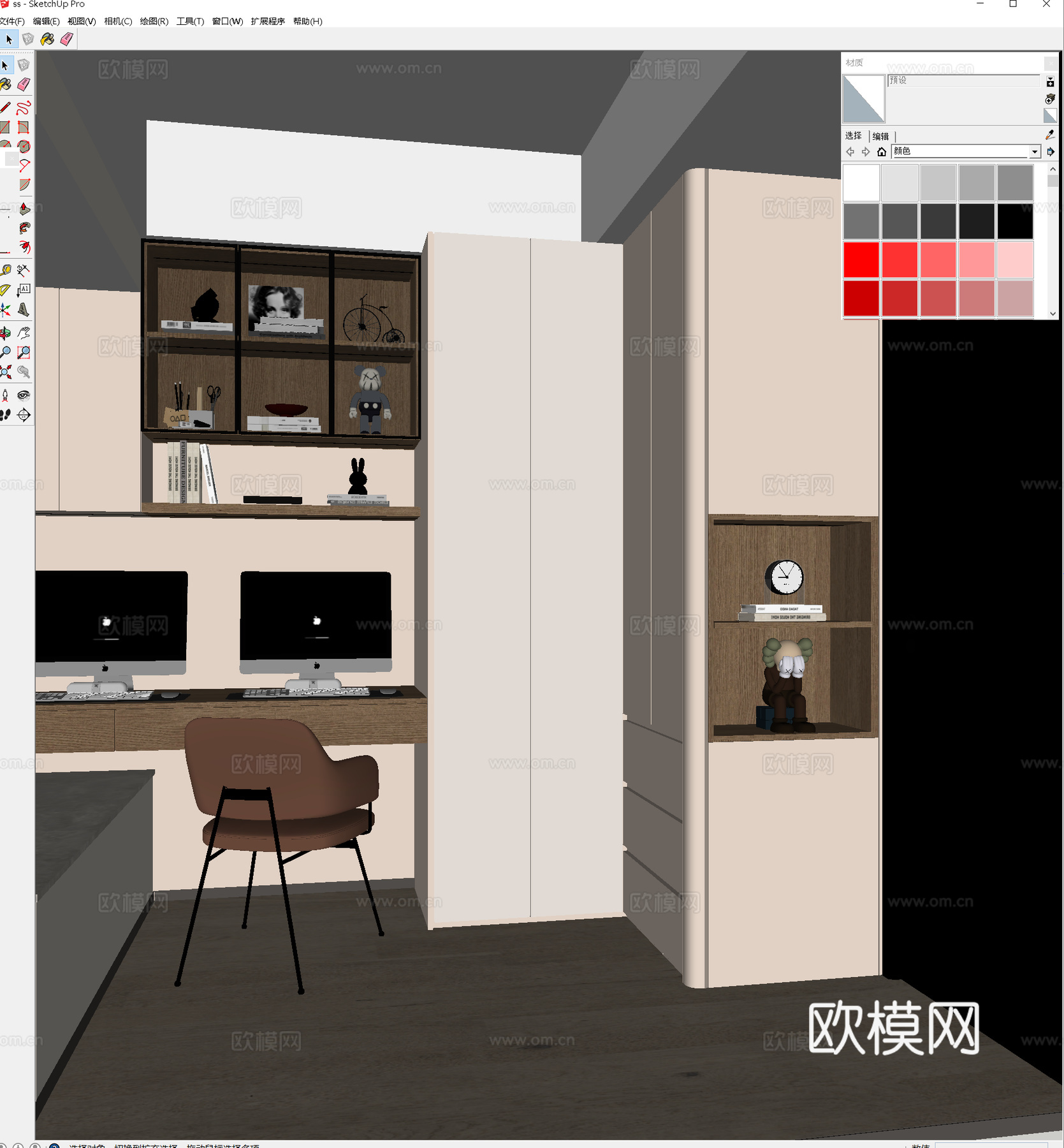 现代书房衣柜 现代飘窗书房 书房装饰摆件 书房皮革单椅 转角su模型