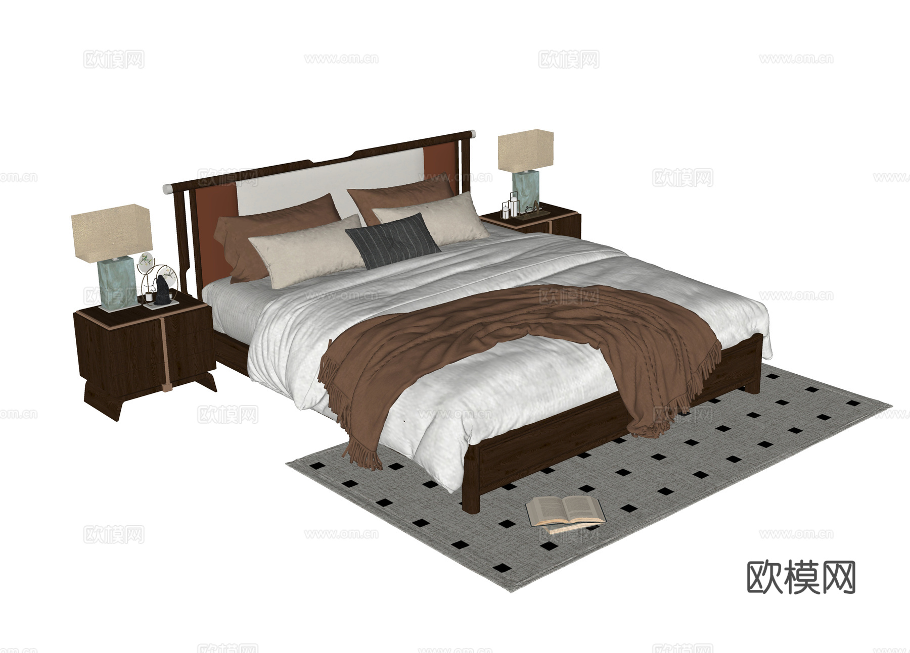宋式卧室 双人床 床头柜su模型下载（渲染图2）