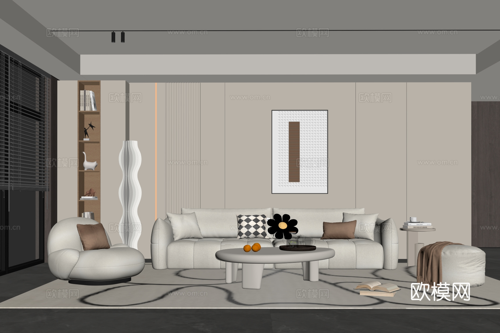 现代奶油风客厅 沙发背景墙 沙发茶几组合su模型