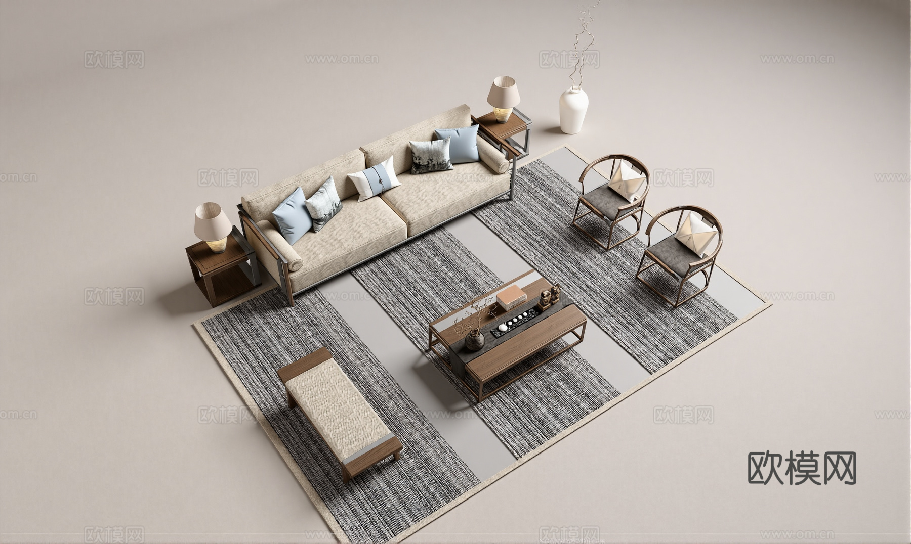 新中式中式沙发组合su模型