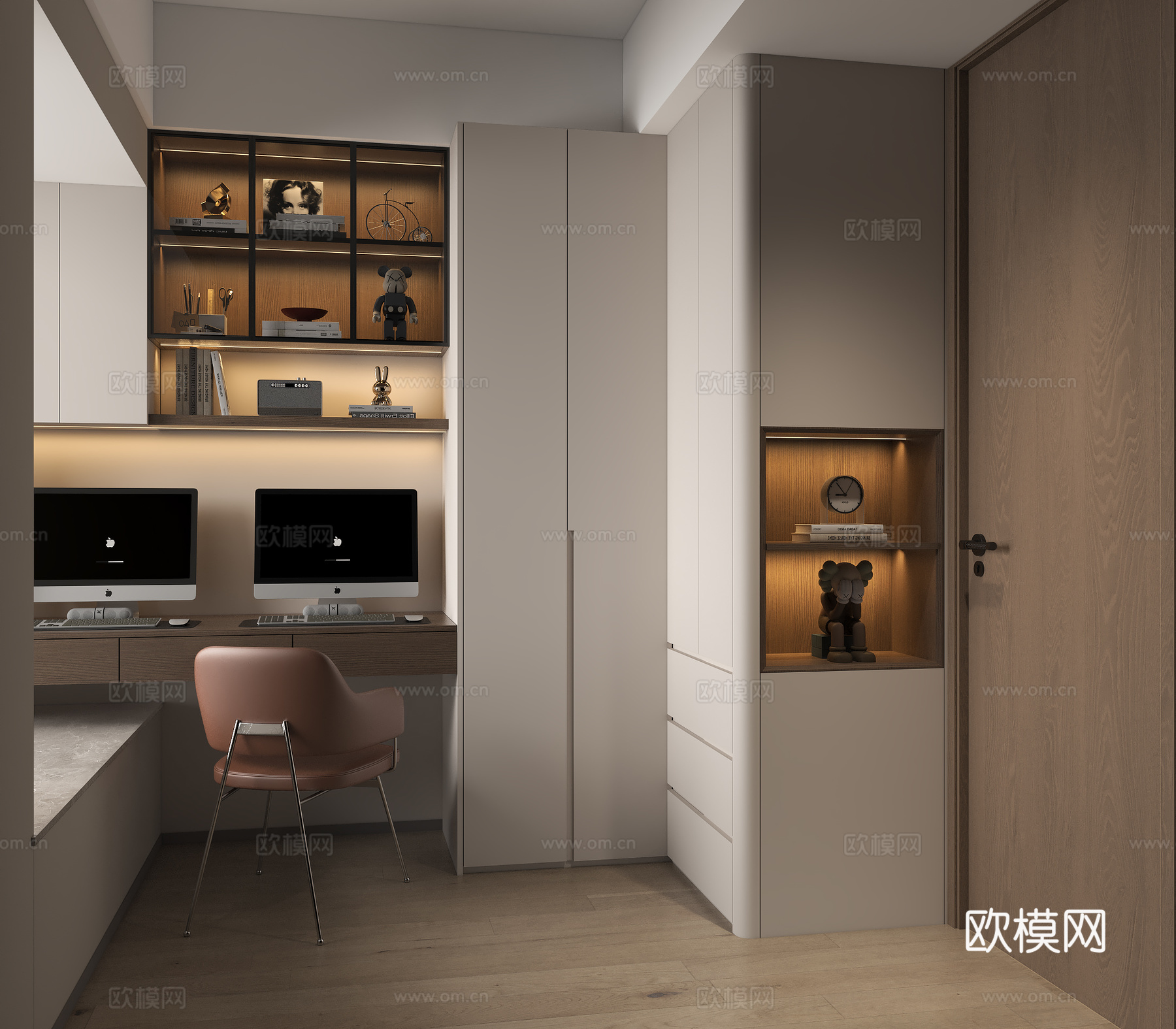 现代书房衣柜 现代飘窗书房 书房装饰摆件 书房皮革单椅 转角su模型