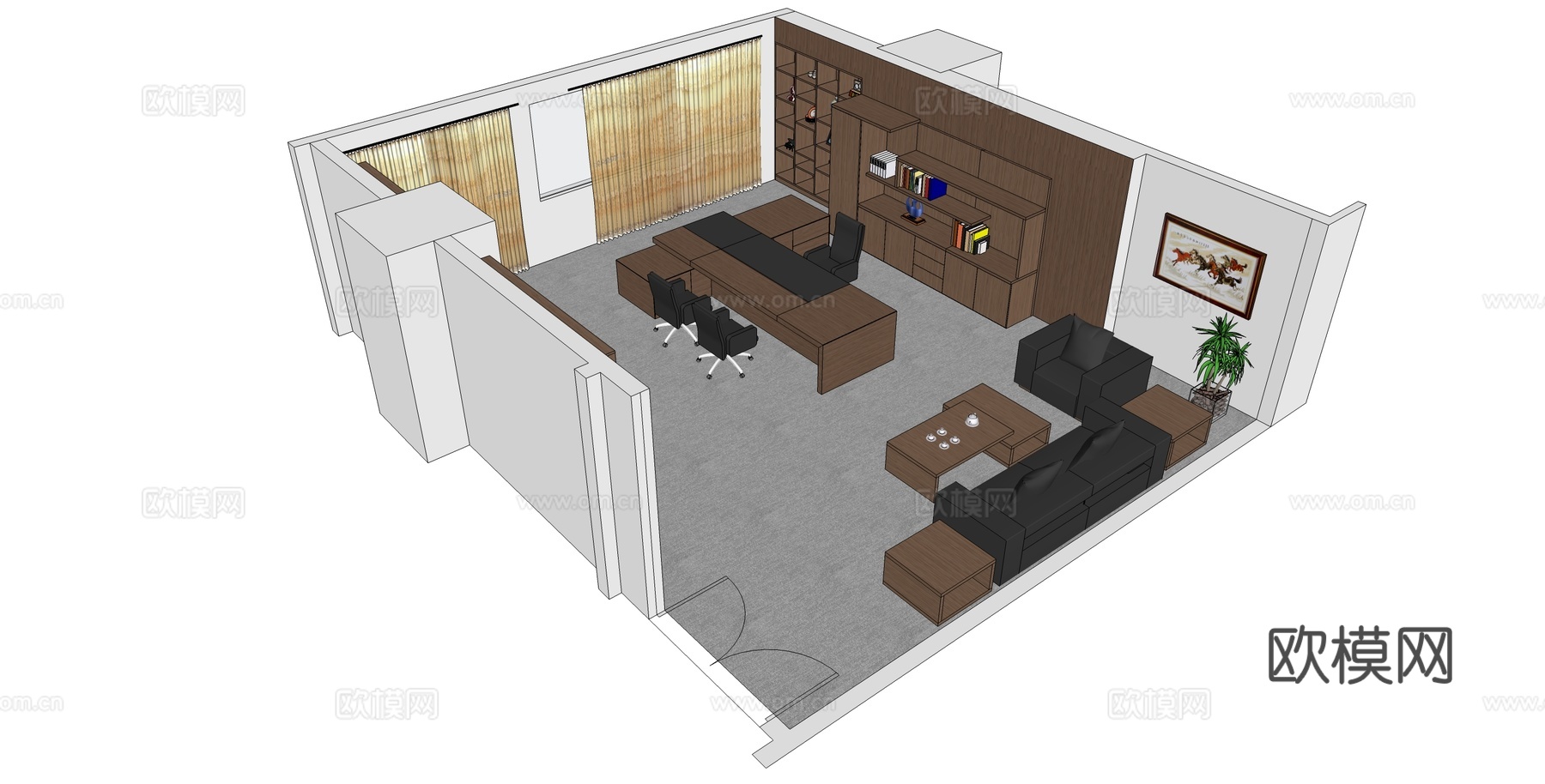 班台桌 办公桌 茶几 沙发 边几 文件柜 董事长室su模型