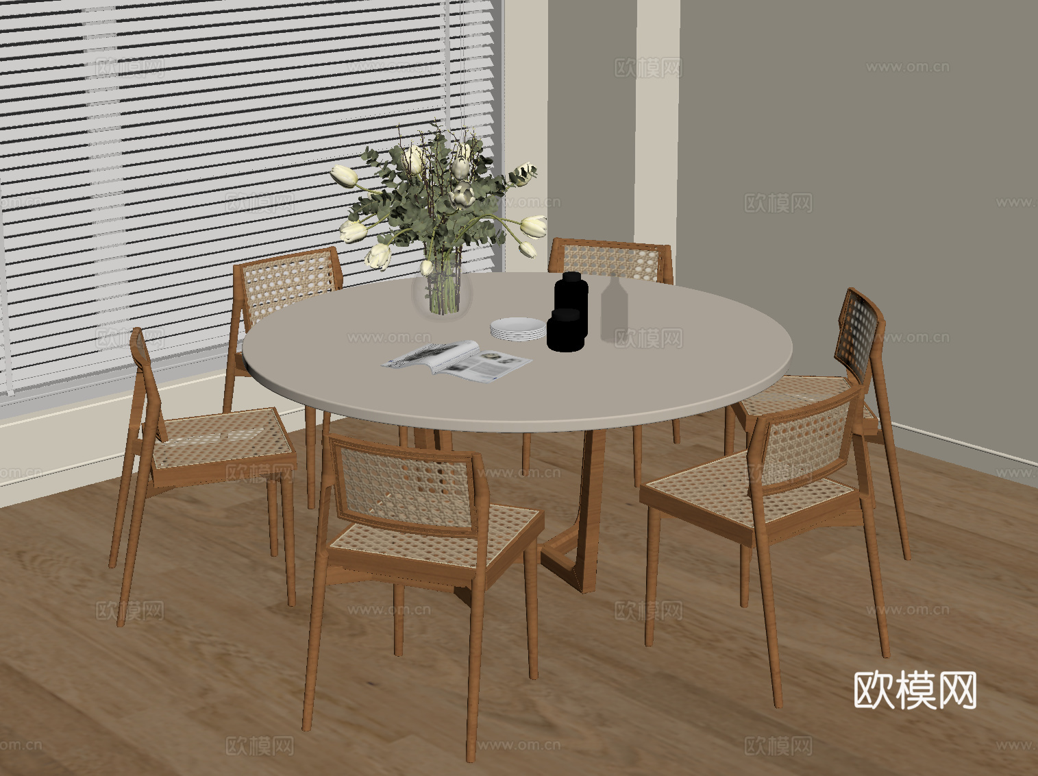 侘寂中古餐桌椅 圆形餐桌椅su模型