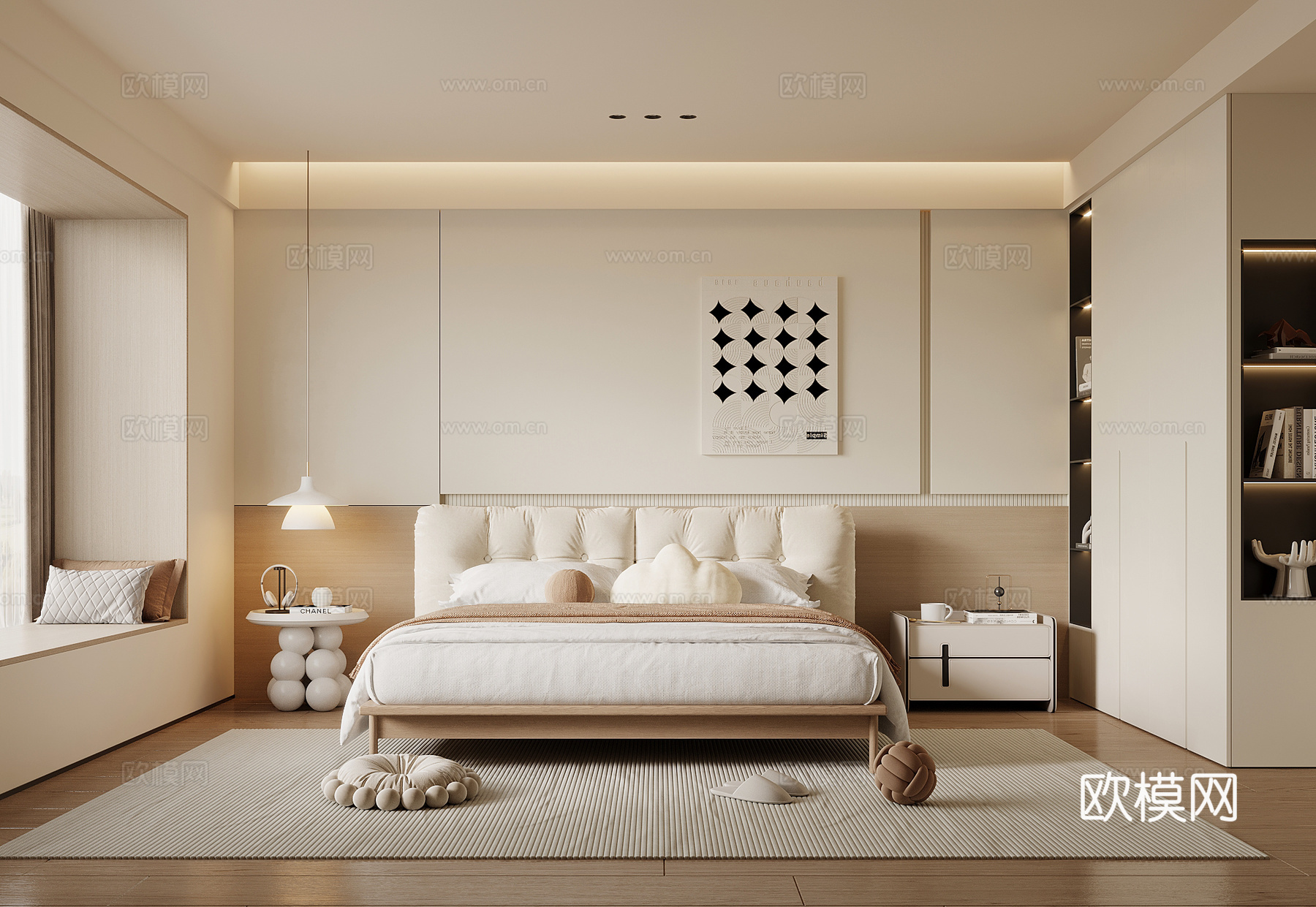 现代奶油风卧室 主卧 双人床 床头柜 衣柜su模型