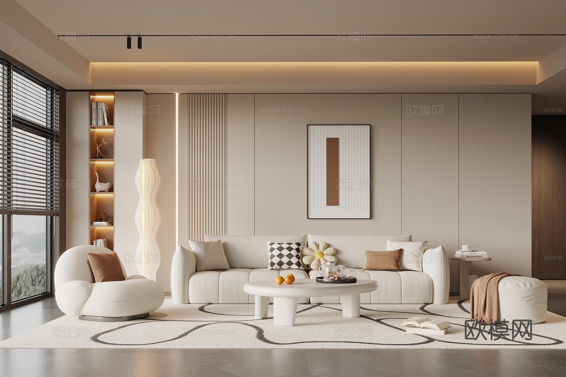 现代奶油风客厅 沙发背景墙 沙发茶几组合su模型