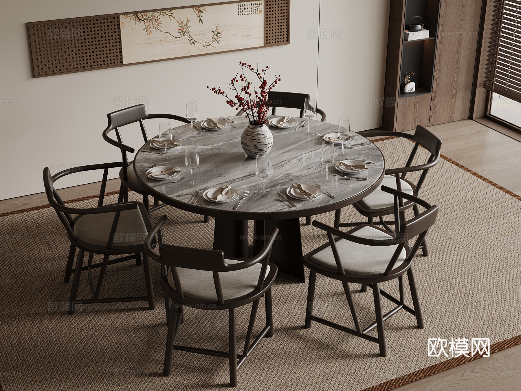新中式餐桌椅 实木圆桌su模型