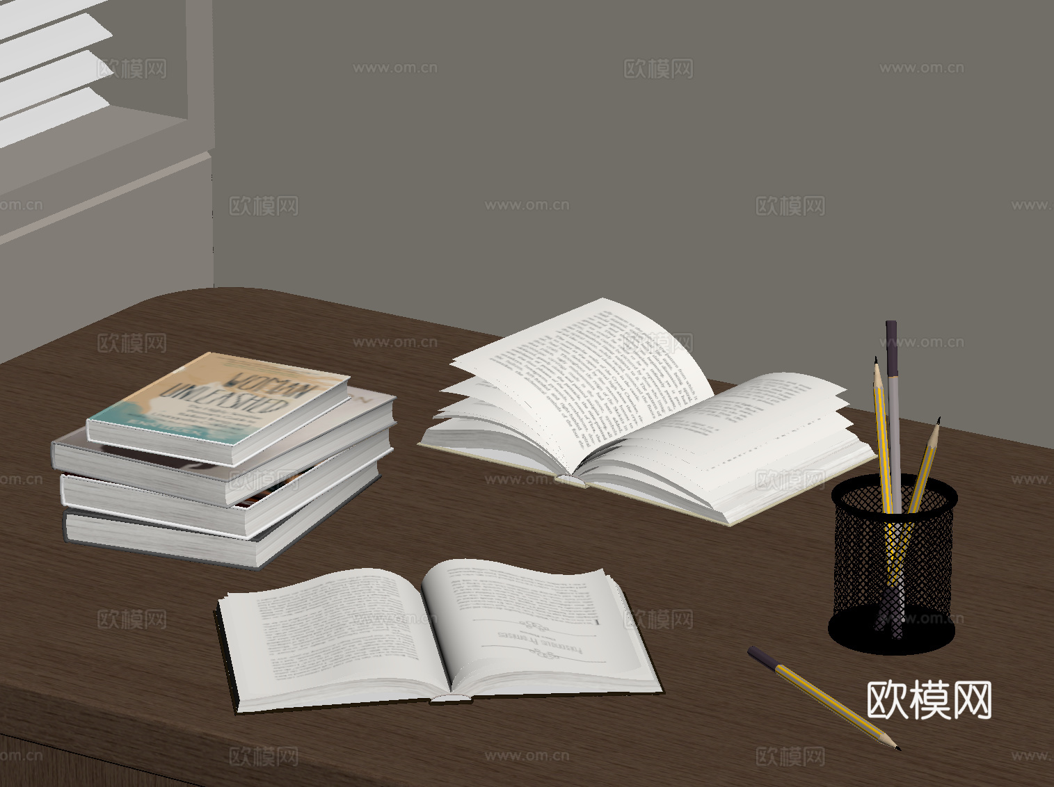 现代摆件 书桌摆件 书籍 笔筒su模型