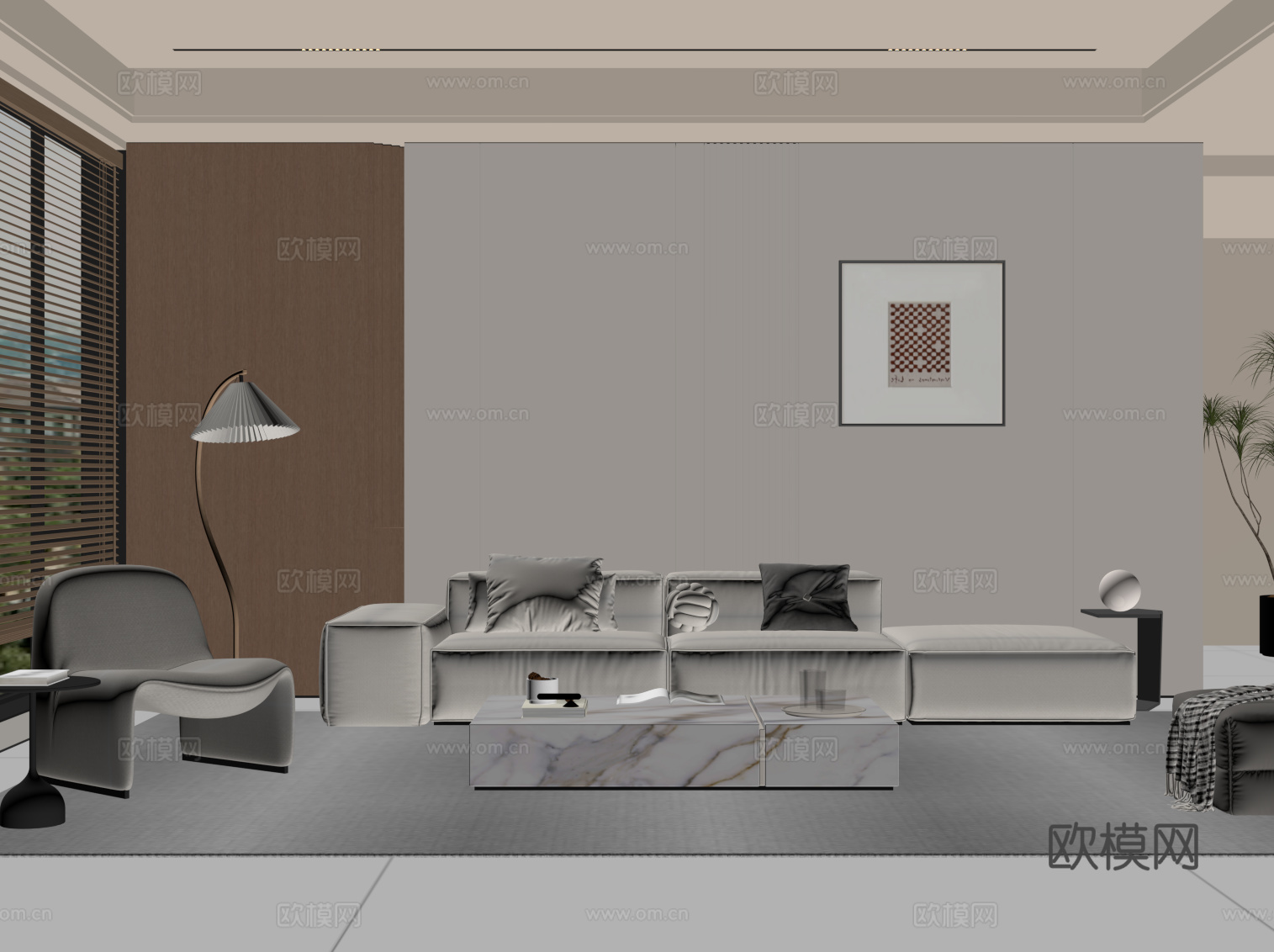 现代简约客厅 沙发背景墙 沙发茶几组合su模型