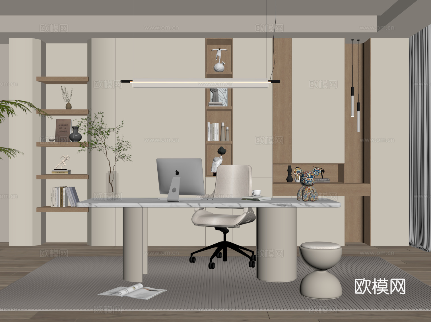 现代奶油风书房 书柜 书桌椅su模型