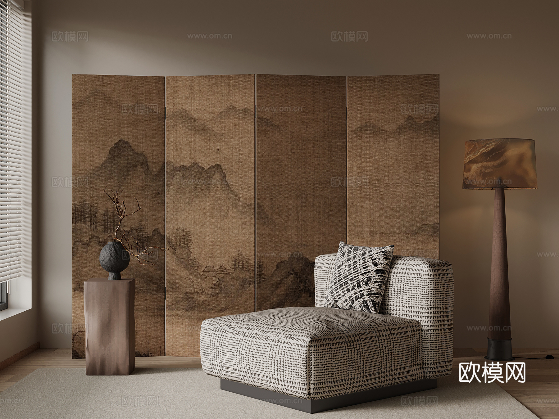 现代中古风沙发 休闲椅 屏风su模型