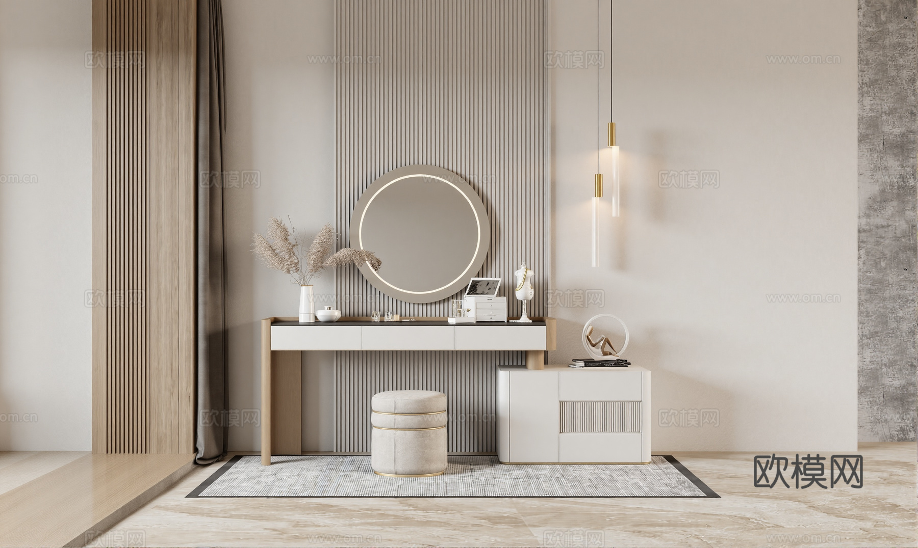 现代梳妆台 摆件 镜子 沙发凳su模型