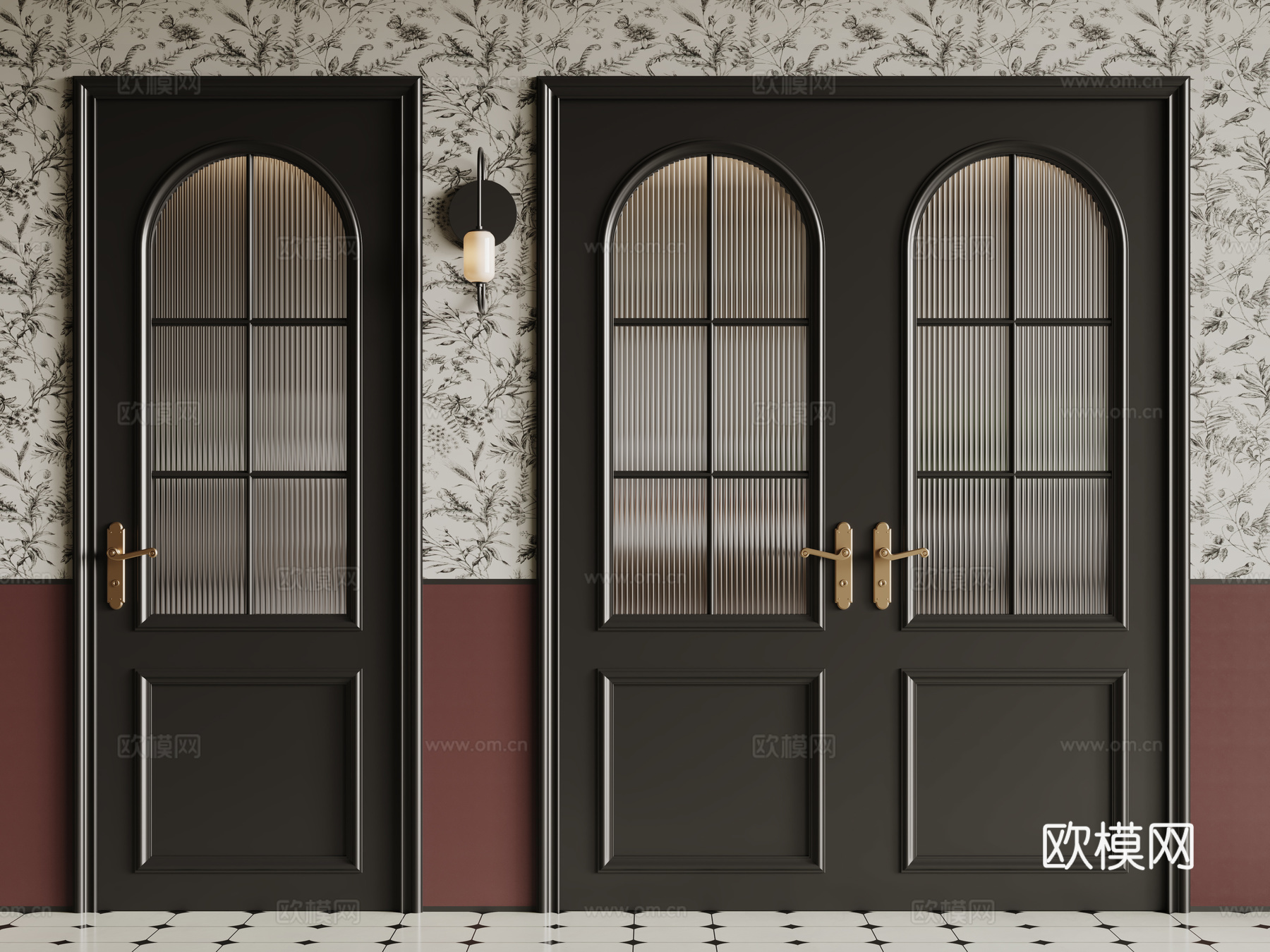法式复古双开门 单开门 长虹玻璃门 防盗门 平开门su模型