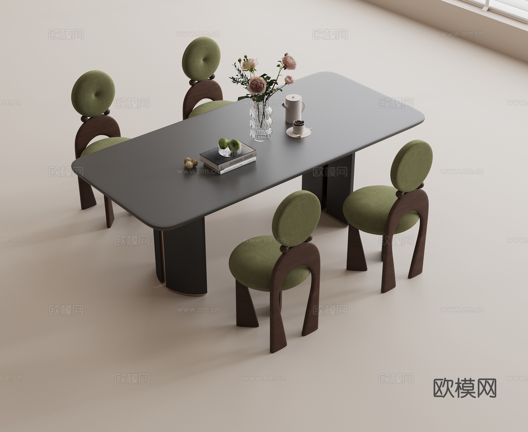 现代餐桌椅组合 实木餐桌 布艺餐椅 花瓶花束su模型