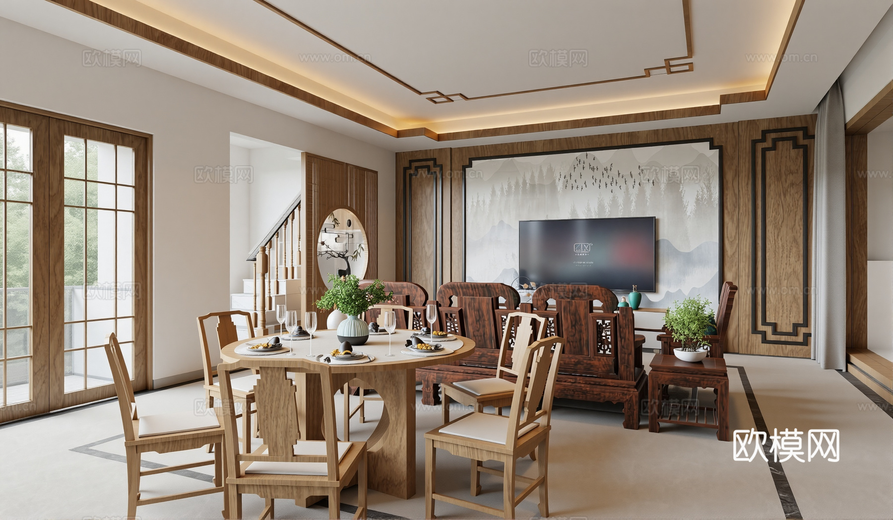 新中式客餐厅su模型