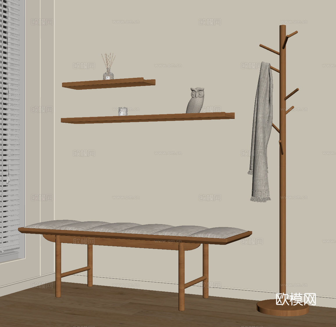 侘寂中古风换鞋凳 衣架su模型